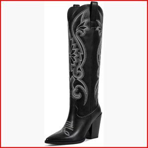 Women's Western Knee High Boots with Embroidery Chunky Heel Slip On